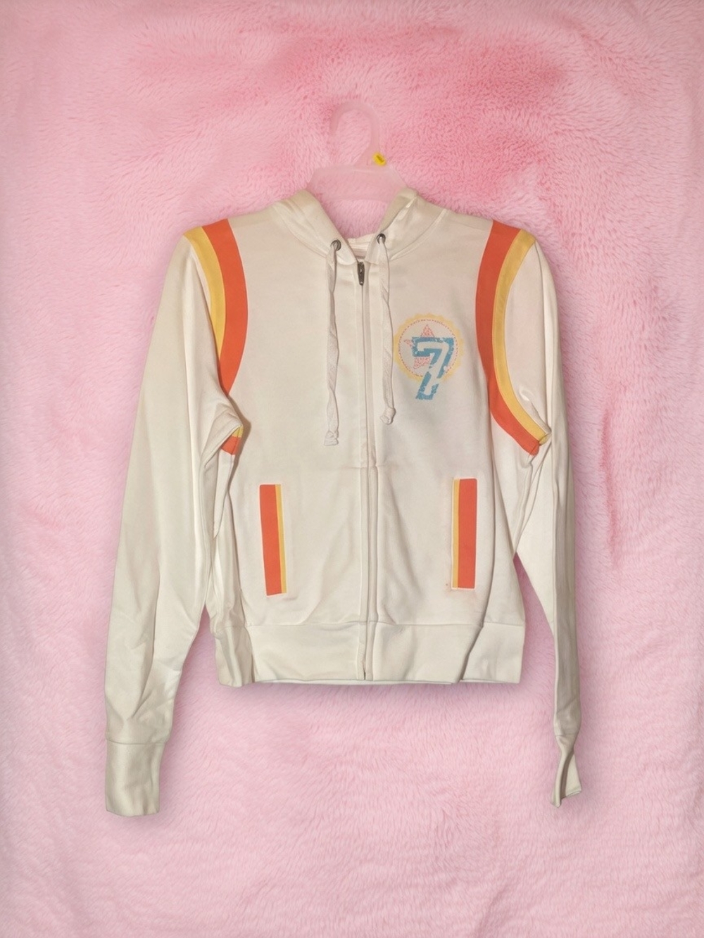 Cream Zip-Up Hoodie Jacket with Orange Stripes